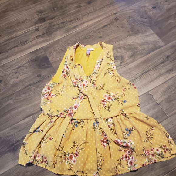 Alya Yellow Mustard/ Floral  Sleeveless Flowing Tie Front Women's Blouse Sz S - Picture 1 of 5